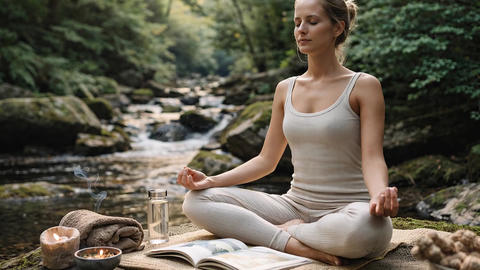 A woman meditates beside a flowing forest stream in a calm wellness scene