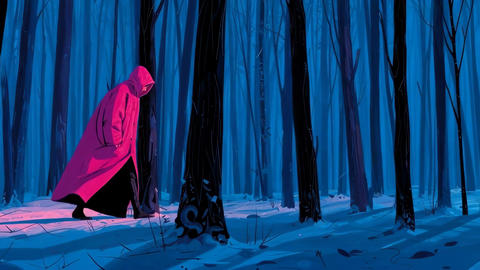 Lone figure in a magenta cloak walking through a dark atmospheric blue forest at night