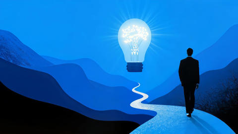 Businessman walking along a glowing path toward a giant lightbulb silhouette in a blue mountain