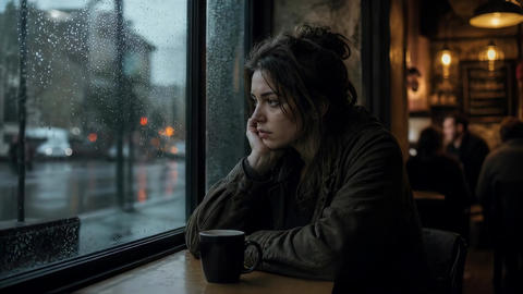 Thoughtful woman gazing out of a cafe window during a rainstorm at dusk