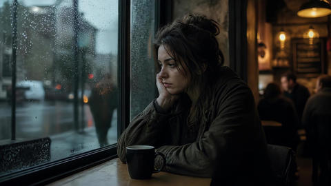 Pensive young woman sitting by a rainy window in a dimly lit cafe with a coffee mug