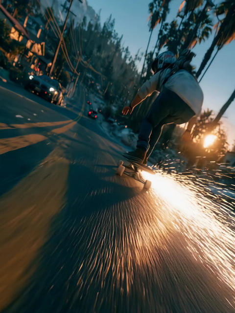 Low angle shot of a person skateboarding on a city street during golden hour