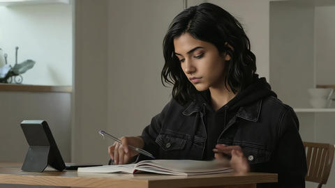Young woman intensely reading and flipping through a thick book at a wooden table