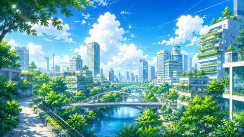 Eco City with River and Sustainable Architecture
