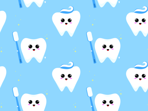 Seamless pattern with cute kawaii tooth characters with brush an