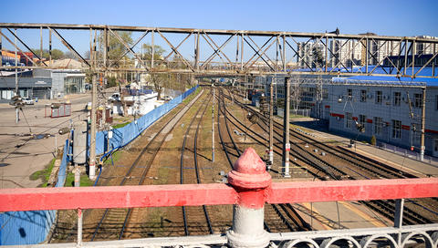 Railway tracks viewed from bridge in urban environment