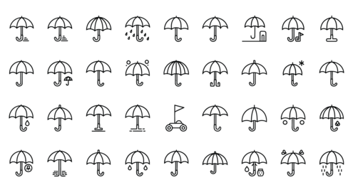 Collection of various umbrella icons in black and white
