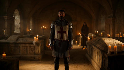 Knight in Armor Standing in Candlelit Crypt with Tombs