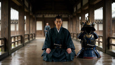 Traditional Samurai in Historic Japanese Setting with Armor