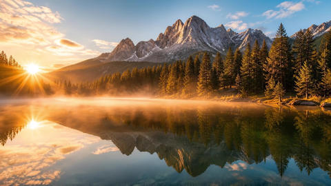 A mountain lake reflects golden sunrise light with pine forest and rocky peaks