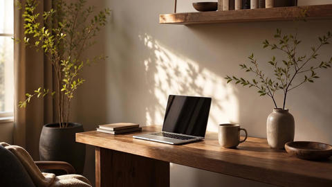 A modern laptop sits on a sunlit desk in a calm home office