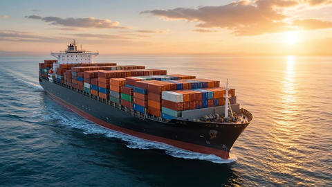 A container cargo ship sails across golden ocean water at sunset
