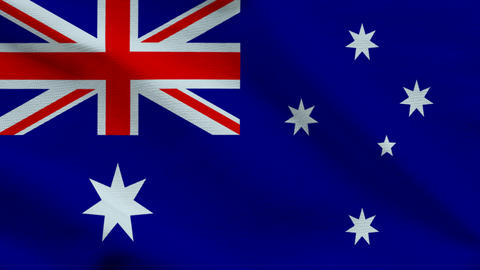 Australia national flag on wavy blue fabric, top view. Realistic silk texture with Union Jack and