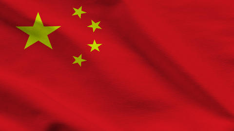 China national flag on wavy fabric, top view. Realistic red textile texture featuring five yellow