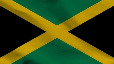 Jamaica flag on wavy fabric, top view. Realistic textile texture with the gold saltire cross and
