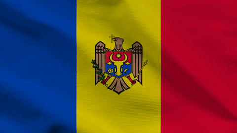 Moldova flag on wavy fabric, top view. Realistic blue, yellow, and red vertical stripes featuring