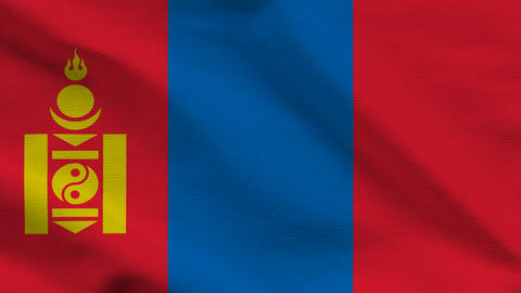 Mongolia flag on wavy fabric, top view. Realistic red and blue textile texture featuring the yellow
