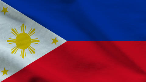 Philippines flag on wavy fabric, top view. Realistic blue, red, white textile with the yellow sun