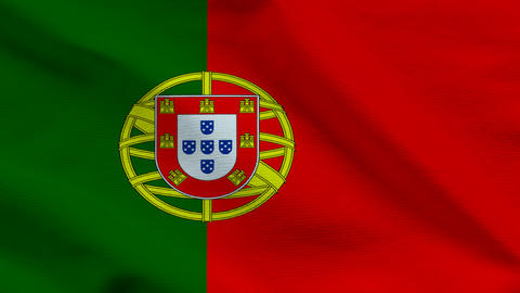 Portugal flag on wavy fabric, top view. Realistic green and red textile texture featuring the