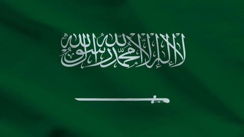Saudi Arabia flag on wavy green fabric, top view. Realistic textile texture with white Shahada