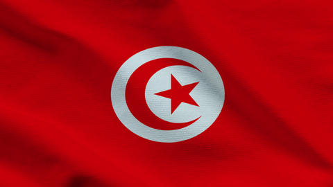 Tunisia flag on wavy red fabric, top view. Realistic textile texture featuring a white circle with a