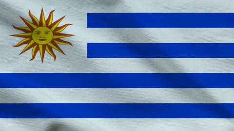 Uruguay flag on wavy fabric, top view. Realistic textile texture with white and blue stripes and the