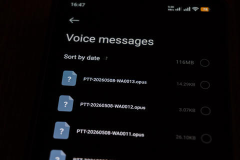 List view of audio files containing voice messages in an app, on smartphone