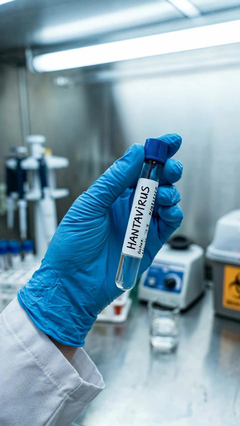 Scientist in a sterile laboratory setting, wearing blue gloves and a lab coat, carefully handles a