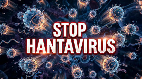 Stop Hantavirus text overlay on a cinematic medical illustration of virus particles in a dark