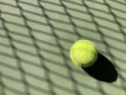 Sunlight filters through the net, casting shadow across a green tennis ball