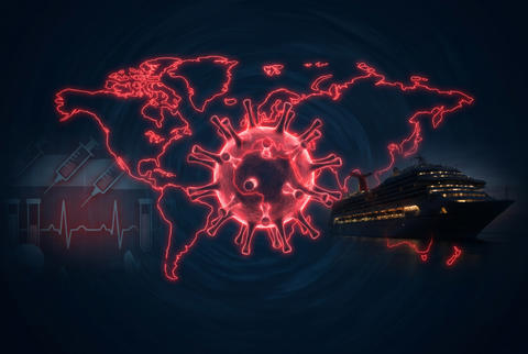 Global Pandemic Concept with Coronavirus and Cruise Ship on World Map Background
