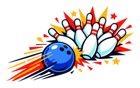 Bowling ball hitting white pins, causing an energetic explosion of shapes and stars in a fun action