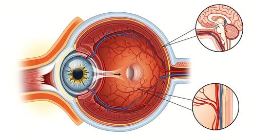 Educational medical illustration showcasing the internal structure of a human eye, highlighting the