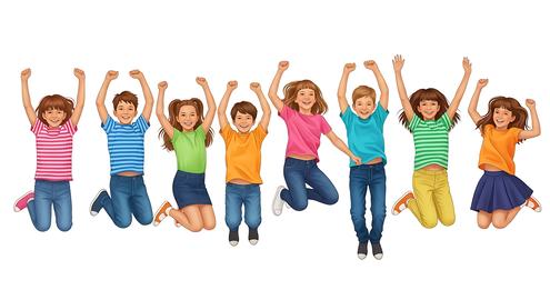 A group of children mid jump against a plain white background, arms raised in celebration, wearing