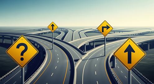 Aerial view of a multi lane highway splitting into three directions with yellow road signs