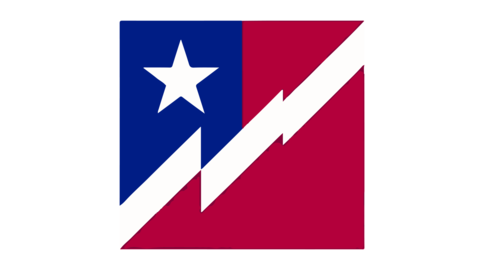 A stylized graphic featuring a white star on a blue field with a bold red diagonal stripe and white