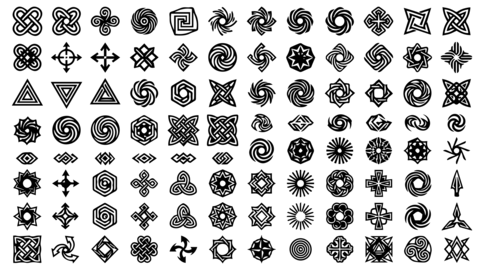 A diverse assortment of abstract geometric designs featuring symmetrical shapes, swirls, and star