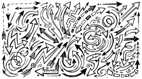 A detailed black and white illustration featuring chaotic, overlapping arrows and organic swirls in