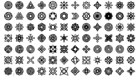 A diverse assortment of abstract geometric designs featuring spirals, stars, and symmetrical shapes