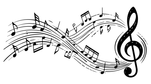 Dynamic black and white illustration featuring flowing musical notes and a treble clef symbol