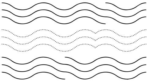 Minimalist illustration featuring three rows of wavy line patterns with varying curvature and dotted