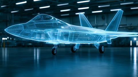 Fighter jet blueprint visualizing digital twin engineering aerospace technology
