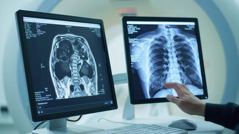 Medical monitors display an MRI scan and X-ray being examined by hand