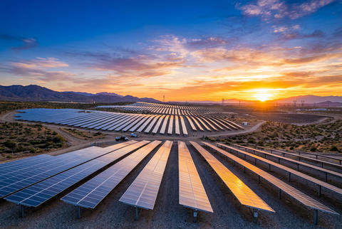 Large modern solar panel farm illuminated by a vibrant sunset against a colorful evening sky