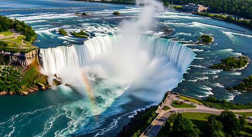 Aerial photograph of Niagara Falls with a vibrant rainbow appearing in the mist of the large
