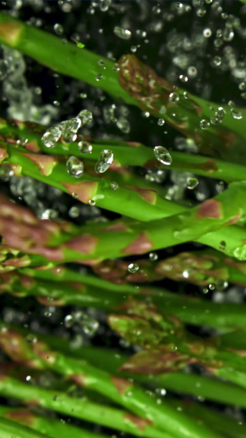 Asparagus falls into the pot. Filmed is slow motion 1000 fps
