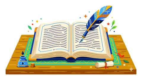 Quill pen poised over an open book with inkwell and scroll, symbolizing writing, education, and