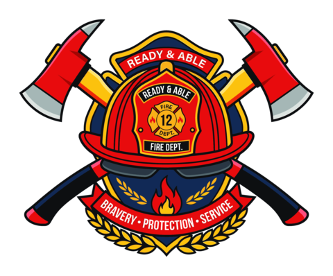 Firefighter emblem featuring a classic helmet, crossed axes, and a banner highlighting themes of