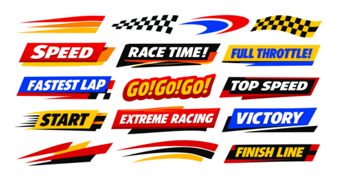 Collection of vibrant racing and motorsport-themed badges, labels, and graphic elements capturing