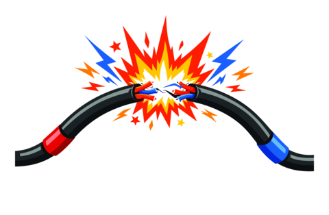 Damaged electricity wire showing exposed live conductors generating dangerous sparks, fire, and
